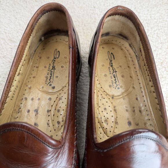 Santoni Loafers Brown Leather Dress Shoe Size 9 Slip On Moc Toe Whipstitch Italy - Picture 11 of 15